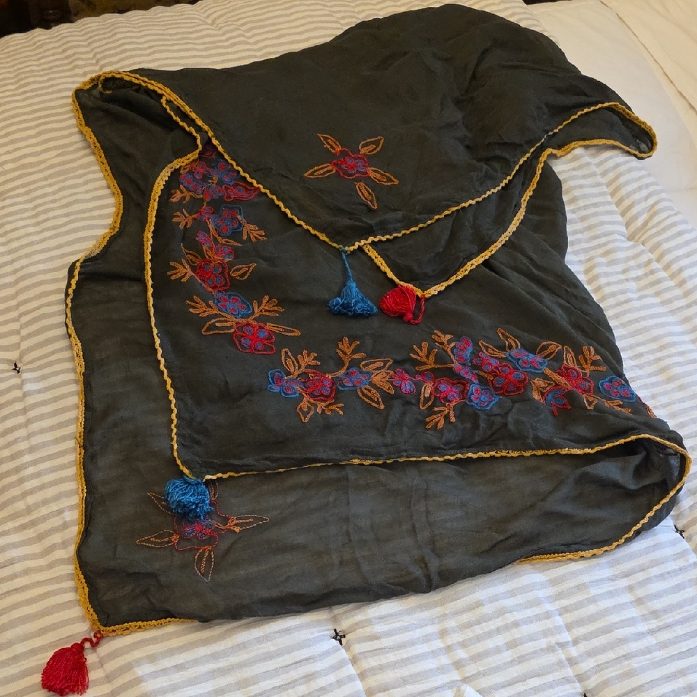 Embroidered Green Shawl with Colorful Tassels
